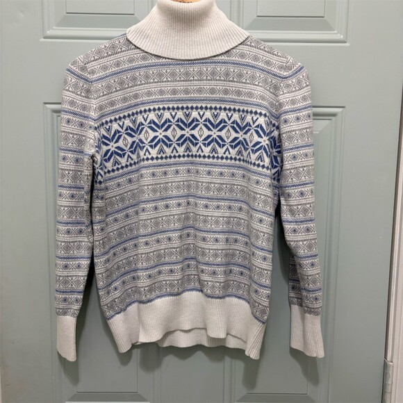 L.L. Bean Sweaters - L.L. Bean Sweater Womens Petite M Blue Gray White Fair Isle Turtleneck